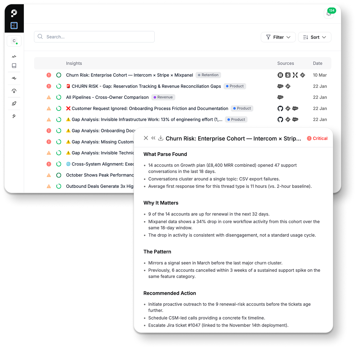 Insights — Autonomous scan showing critical risks, warnings, and opportunities discovered across connected systems